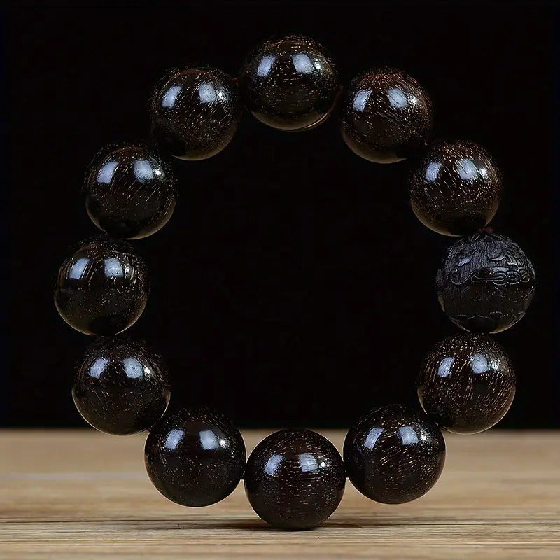Men's & Women's Natural Wood Buddhist Prayer Beads Bracelet - Brown & Black Chinese Style Lucky Charm Rosary with Red Cap & Beads, Smooth Spherical Beads for Meditation, Spiritual Practice, Casual Attire - Durable Natural Wood Material,