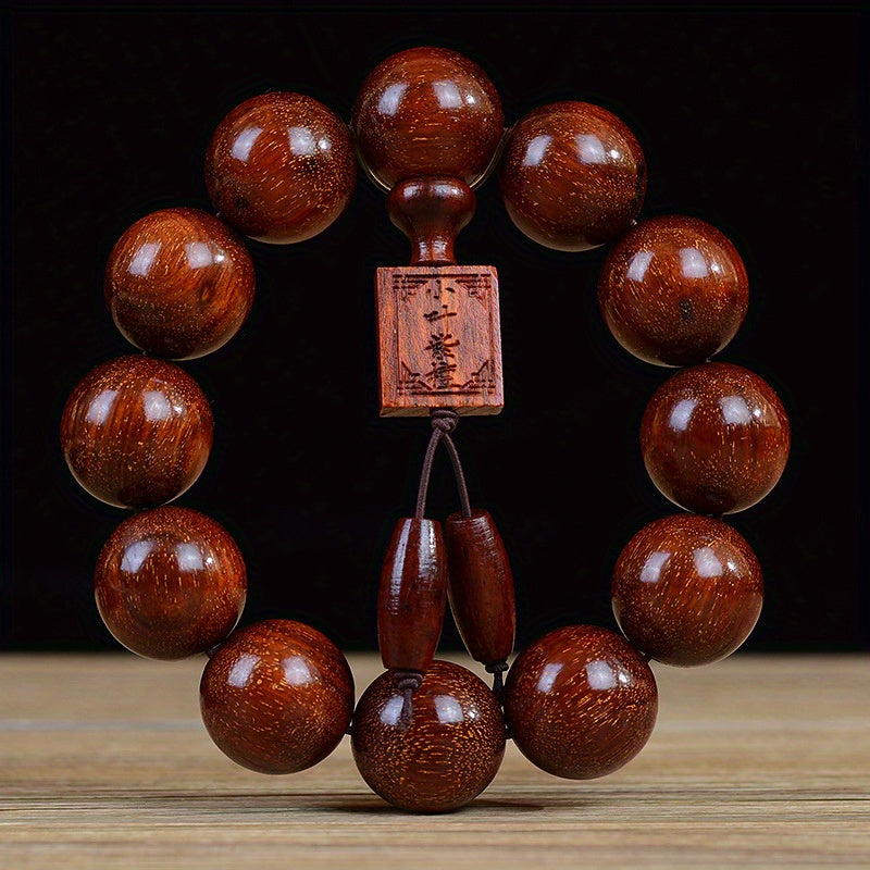 Men's & Women's Natural Wood Buddhist Prayer Beads Bracelet - Brown & Black Chinese Style Lucky Charm Rosary with Red Cap & Beads, Smooth Spherical Beads for Meditation, Spiritual Practice, Casual Attire - Durable Natural Wood Material,