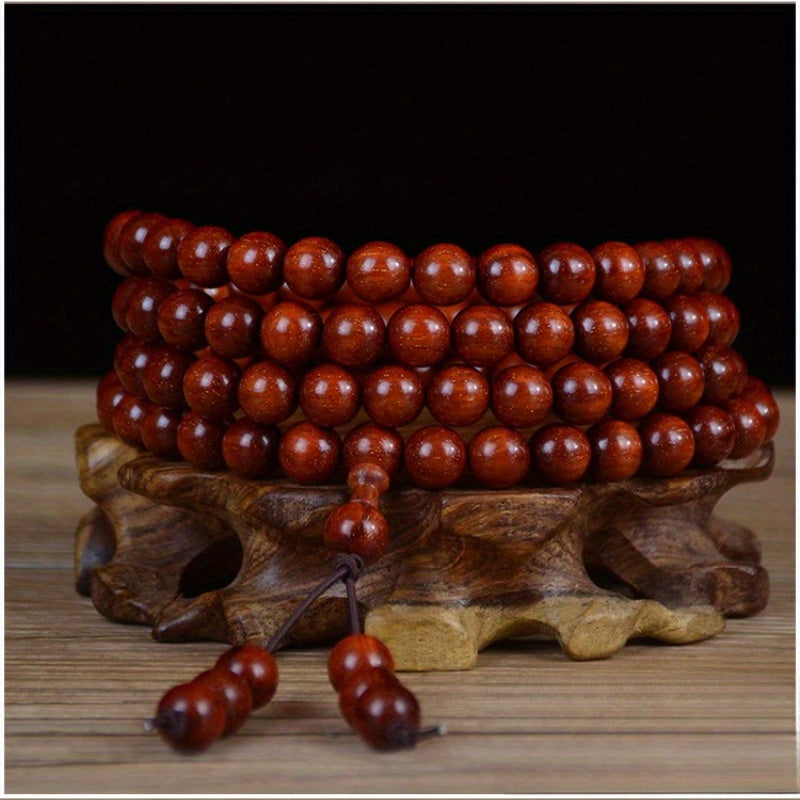 Men's & Women's Natural Wood Buddhist Prayer Beads Bracelet - Brown & Black Chinese Style Lucky Charm Rosary with Red Cap & Beads, Smooth Spherical Beads for Meditation, Spiritual Practice, Casual Attire - Durable Natural Wood Material,