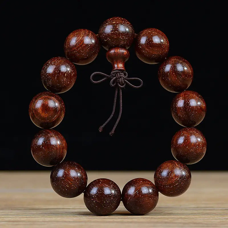 Men's & Women's Natural Wood Buddhist Prayer Beads Bracelet - Brown & Black Chinese Style Lucky Charm Rosary with Red Cap & Beads, Smooth Spherical Beads for Meditation, Spiritual Practice, Casual Attire - Durable Natural Wood Material,