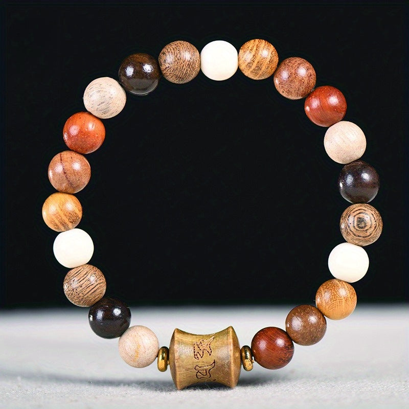 Men's & Women's Natural Wood Buddhist Mala Bead Bracelet - Smooth Spherical Zen Meditation Jewelry with Clear Beads & Intricate Wood Grain Patterns, Luck Charm, Spiritual Protection