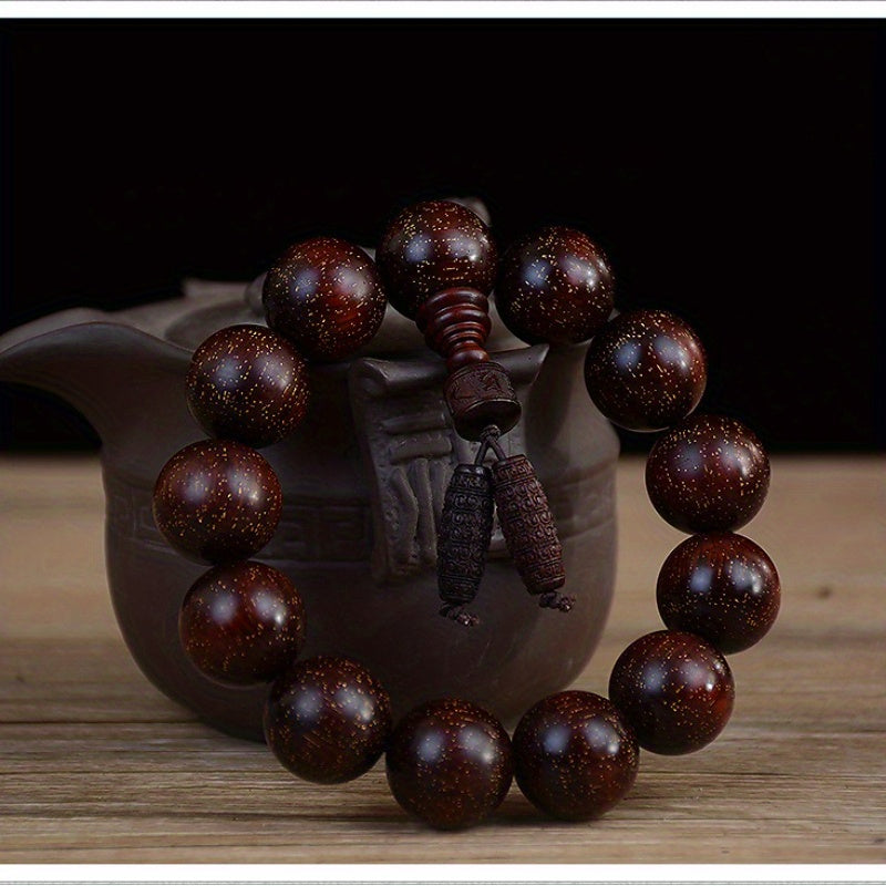 Men's & Women's Natural Wood Buddhist Prayer Beads Bracelet - Brown & Black Chinese Style Lucky Charm Rosary with Red Cap & Beads, Smooth Spherical Beads for Meditation, Spiritual Practice, Casual Attire - Durable Natural Wood Material,