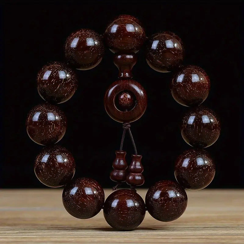 Men's & Women's Natural Wood Buddhist Prayer Beads Bracelet - Brown & Black Chinese Style Lucky Charm Rosary with Red Cap & Beads, Smooth Spherical Beads for Meditation, Spiritual Practice, Casual Attire - Durable Natural Wood Material,