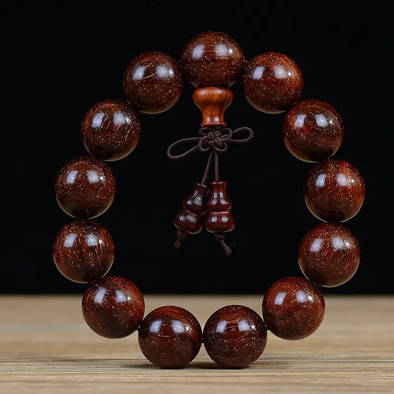 Men's & Women's Natural Wood Buddhist Prayer Beads Bracelet - Brown & Black Chinese Style Lucky Charm Rosary with Red Cap & Beads, Smooth Spherical Beads for Meditation, Spiritual Practice, Casual Attire - Durable Natural Wood Material,