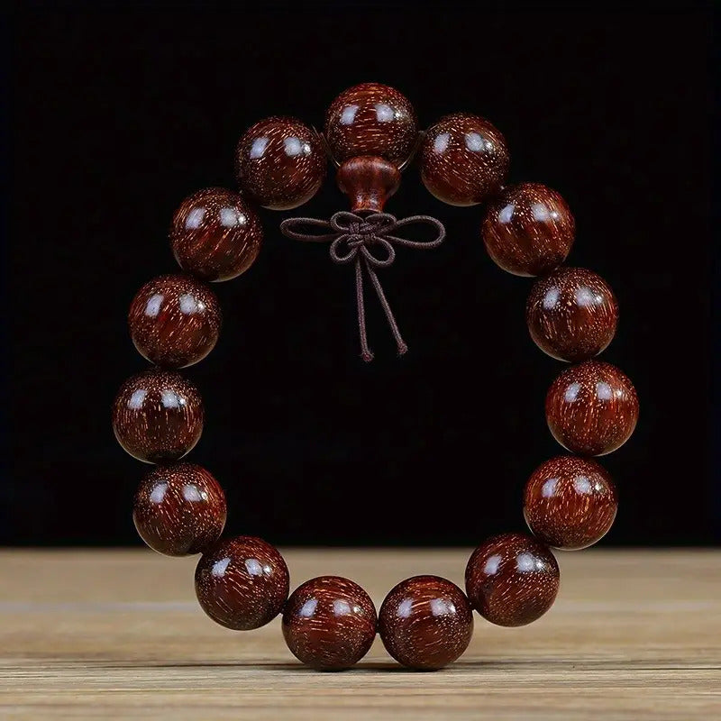 Men's & Women's Natural Wood Buddhist Prayer Beads Bracelet - Brown & Black Chinese Style Lucky Charm Rosary with Red Cap & Beads, Smooth Spherical Beads for Meditation, Spiritual Practice, Casual Attire - Durable Natural Wood Material,