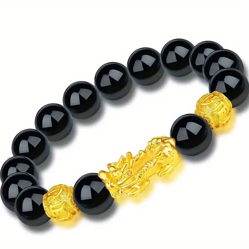 Couple'S Obsidian Bracelets for Men And Women Featuring Golden Pixiu