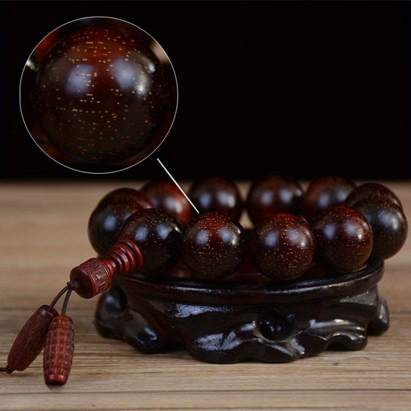 Men's & Women's Natural Wood Buddhist Prayer Beads Bracelet - Brown & Black Chinese Style Lucky Charm Rosary with Red Cap & Beads, Smooth Spherical Beads for Meditation, Spiritual Practice, Casual Attire - Durable Natural Wood Material,