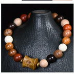 Men's & Women's Natural Wood Buddhist Mala Bead Bracelet - Smooth Spherical Zen Meditation Jewelry with Clear Beads & Intricate Wood Grain Patterns, Luck Charm, Spiritual Protection