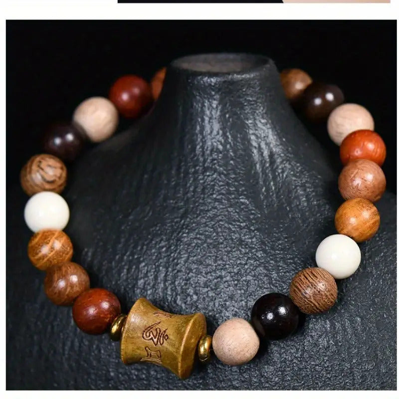 Men's & Women's Natural Wood Buddhist Mala Bead Bracelet - Smooth Spherical Zen Meditation Jewelry with Clear Beads & Intricate Wood Grain Patterns, Luck Charm, Spiritual Protection