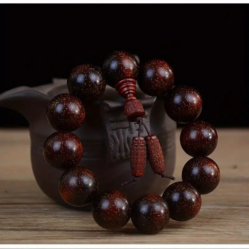 Men's & Women's Natural Wood Buddhist Prayer Beads Bracelet - Brown & Black Chinese Style Lucky Charm Rosary with Red Cap & Beads, Smooth Spherical Beads for Meditation, Spiritual Practice, Casual Attire - Durable Natural Wood Material,