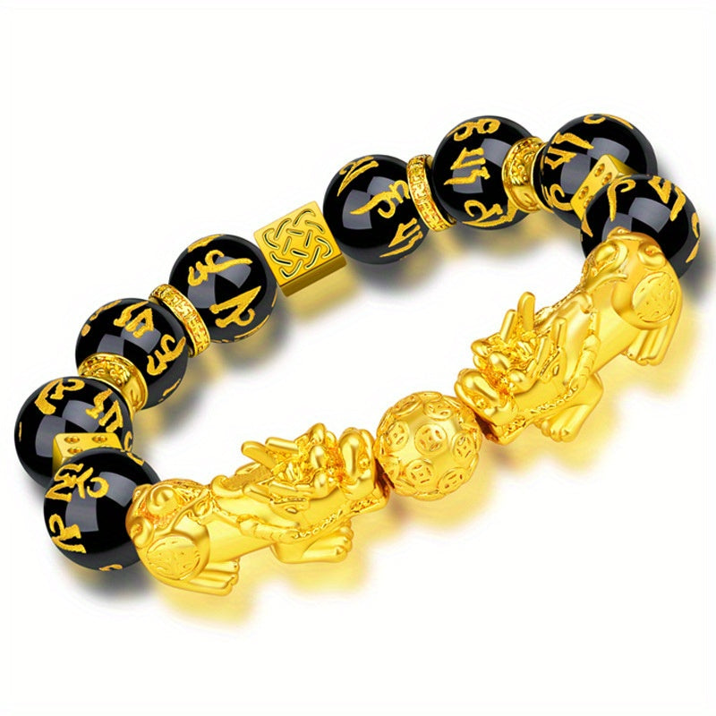 Couple'S Obsidian Bracelets for Men And Women Featuring Golden Pixiu