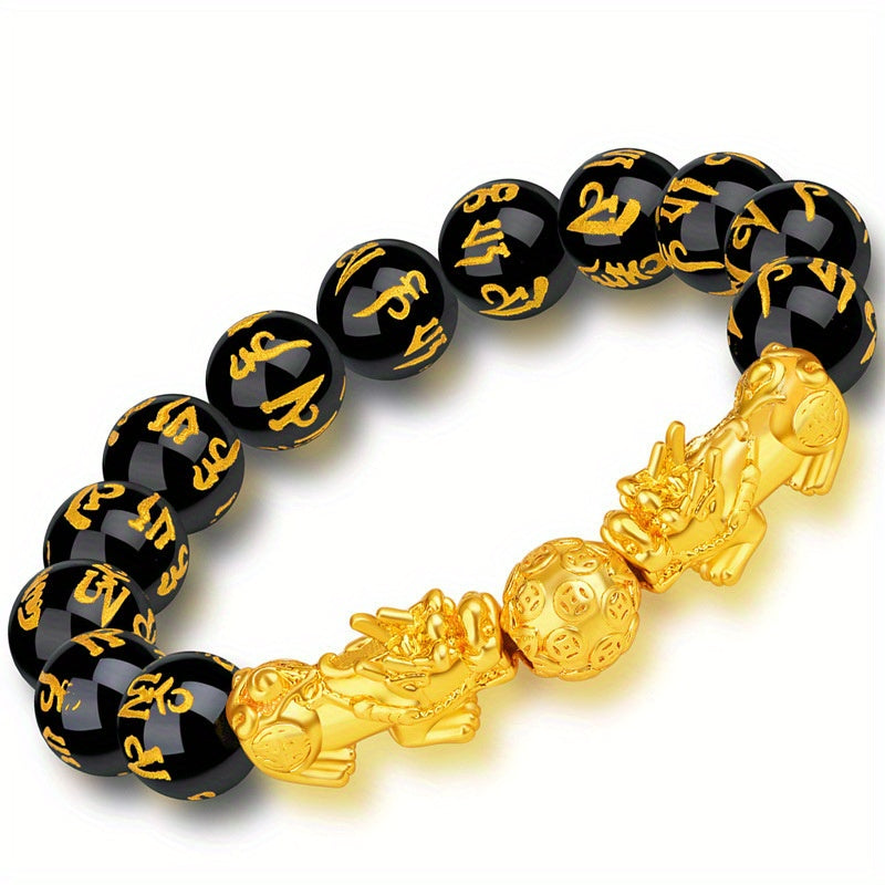 Couple'S Obsidian Bracelets for Men And Women Featuring Golden Pixiu