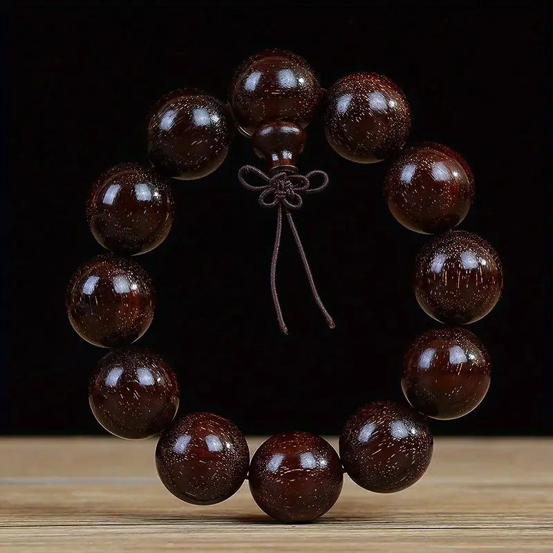 Men's & Women's Natural Wood Buddhist Prayer Beads Bracelet - Brown & Black Chinese Style Lucky Charm Rosary with Red Cap & Beads, Smooth Spherical Beads for Meditation, Spiritual Practice, Casual Attire - Durable Natural Wood Material,