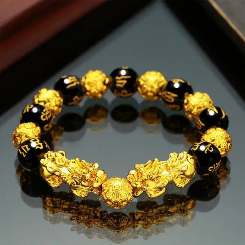 Couple'S Obsidian Bracelets for Men And Women Featuring Golden Pixiu