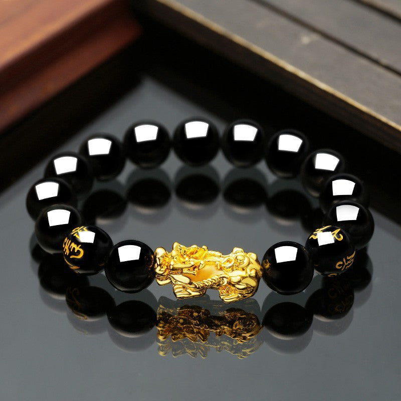 Couple'S Obsidian Bracelets for Men And Women Featuring Golden Pixiu