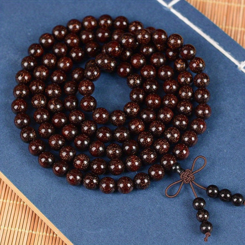 Men's & Women's Natural Wood Buddhist Prayer Beads Bracelet - Brown & Black Chinese Style Lucky Charm Rosary with Red Cap & Beads, Smooth Spherical Beads for Meditation, Spiritual Practice, Casual Attire - Durable Natural Wood Material,