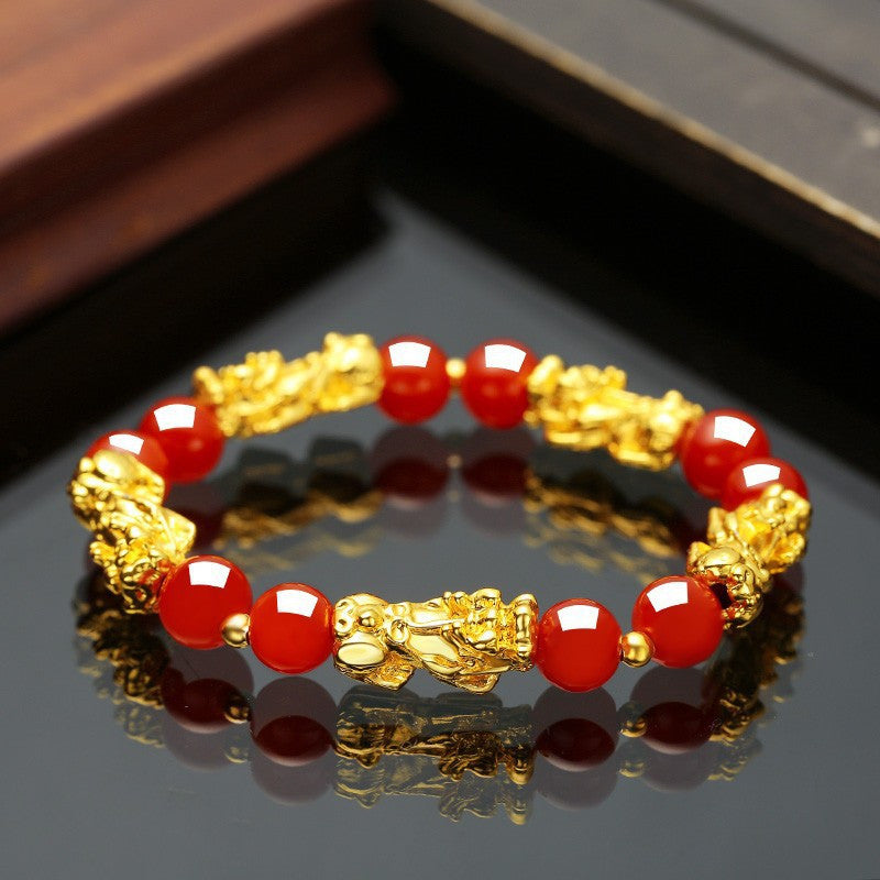 Couple'S Obsidian Bracelets for Men And Women Featuring Golden Pixiu