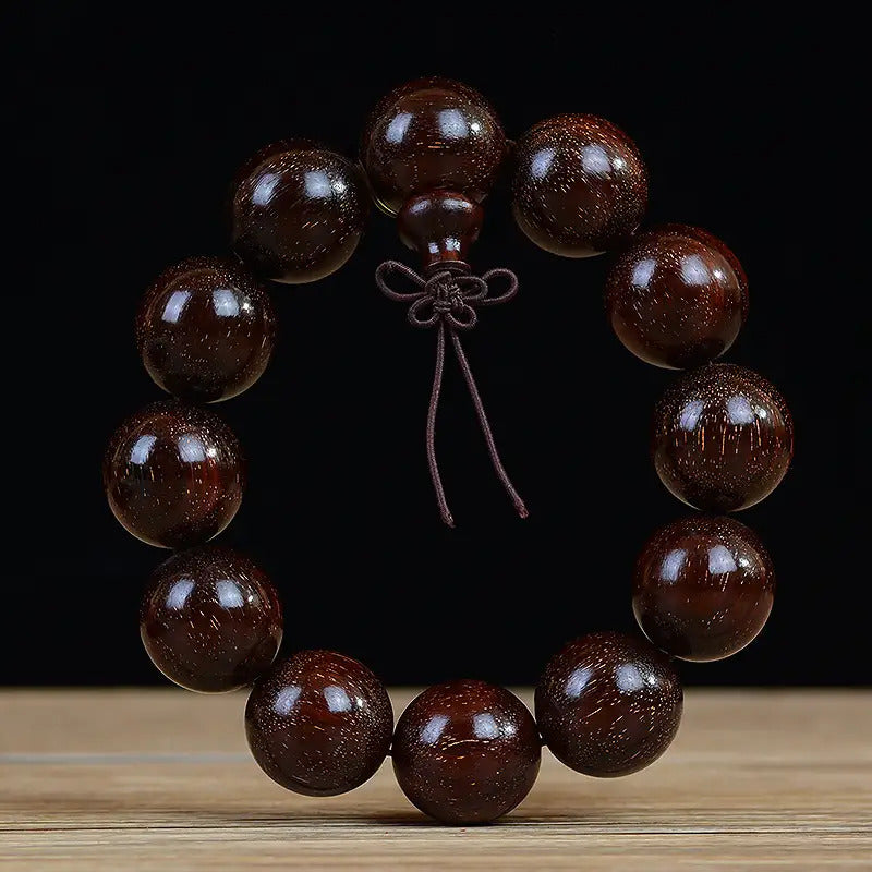 Men's & Women's Natural Wood Buddhist Prayer Beads Bracelet - Brown & Black Chinese Style Lucky Charm Rosary with Red Cap & Beads, Smooth Spherical Beads for Meditation, Spiritual Practice, Casual Attire - Durable Natural Wood Material,