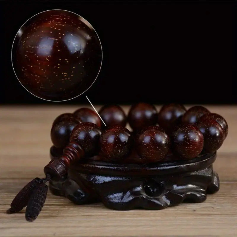 Men's & Women's Natural Wood Buddhist Prayer Beads Bracelet - Brown & Black Chinese Style Lucky Charm Rosary with Red Cap & Beads, Smooth Spherical Beads for Meditation, Spiritual Practice, Casual Attire - Durable Natural Wood Material,
