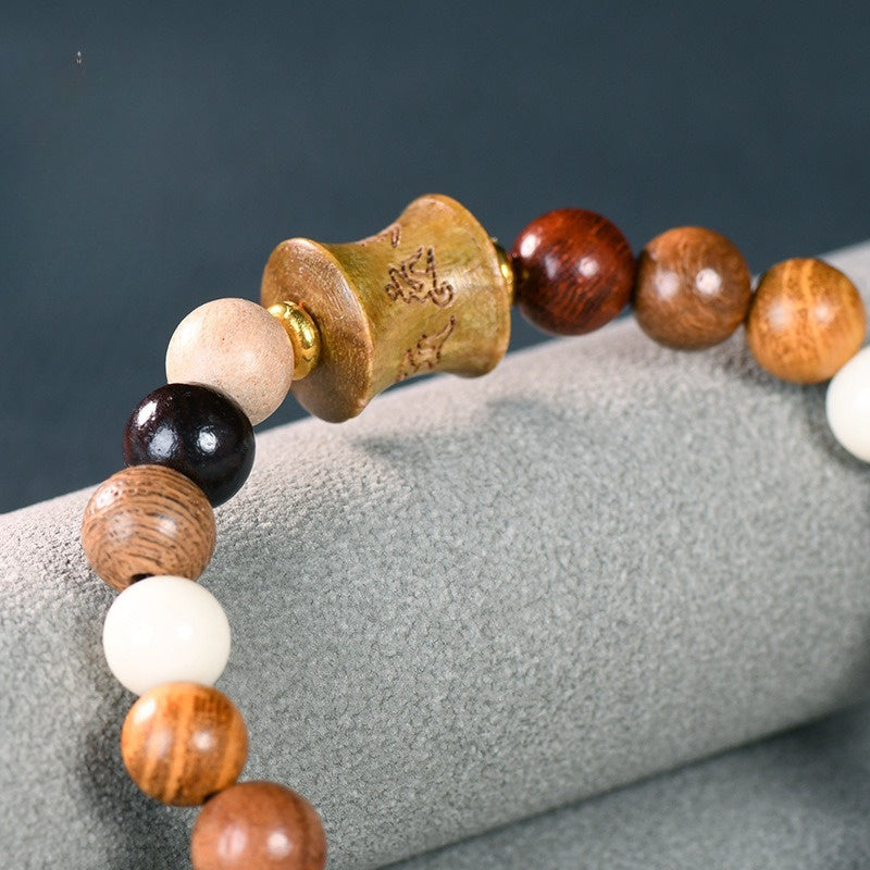 Men's & Women's Natural Wood Buddhist Mala Bead Bracelet - Smooth Spherical Zen Meditation Jewelry with Clear Beads & Intricate Wood Grain Patterns, Luck Charm, Spiritual Protection