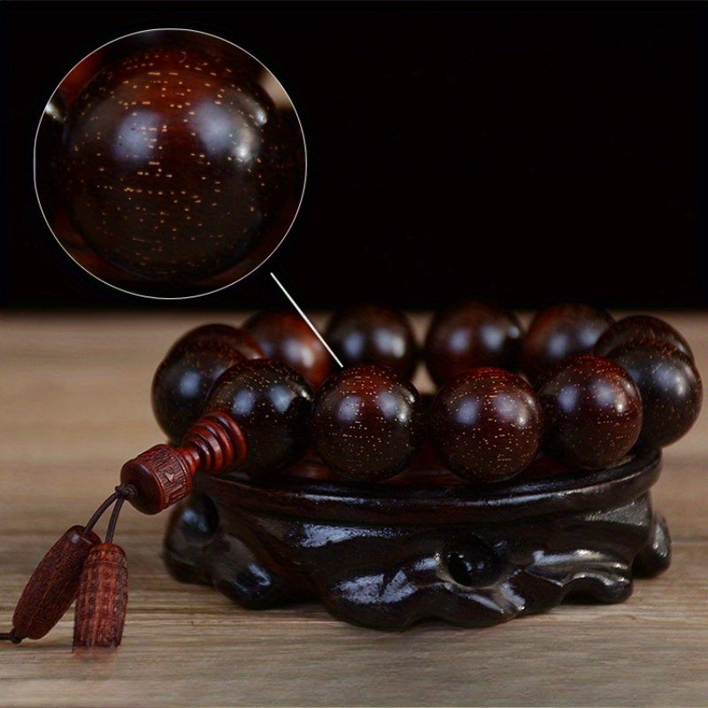 Men's & Women's Natural Wood Buddhist Prayer Beads Bracelet - Brown & Black Chinese Style Lucky Charm Rosary with Red Cap & Beads, Smooth Spherical Beads for Meditation, Spiritual Practice, Casual Attire - Durable Natural Wood Material,