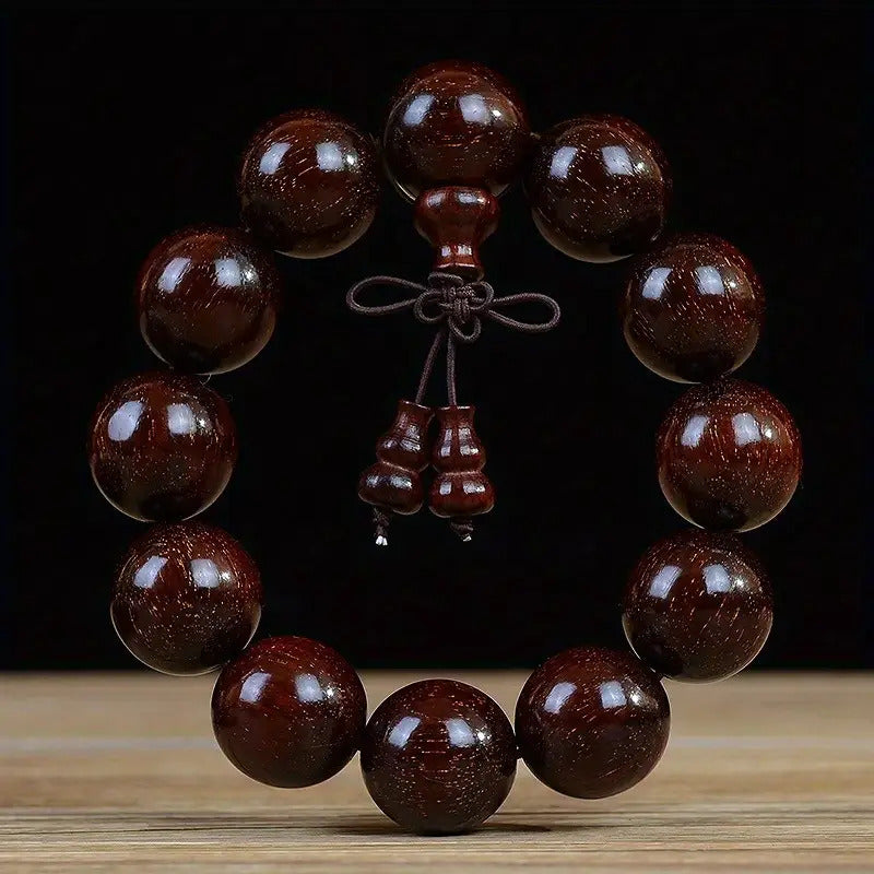 Men's & Women's Natural Wood Buddhist Prayer Beads Bracelet - Brown & Black Chinese Style Lucky Charm Rosary with Red Cap & Beads, Smooth Spherical Beads for Meditation, Spiritual Practice, Casual Attire - Durable Natural Wood Material,