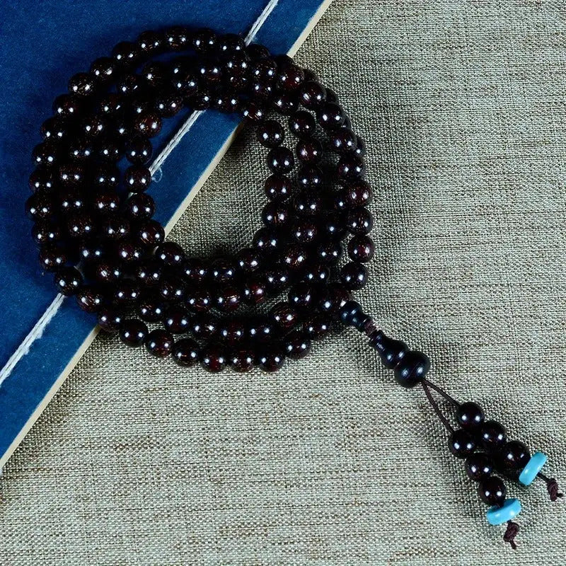 Men's & Women's Natural Wood Buddhist Prayer Beads Bracelet - Brown & Black Chinese Style Lucky Charm Rosary with Red Cap & Beads, Smooth Spherical Beads for Meditation, Spiritual Practice, Casual Attire - Durable Natural Wood Material,