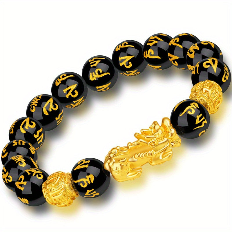 Couple'S Obsidian Bracelets for Men And Women Featuring Golden Pixiu