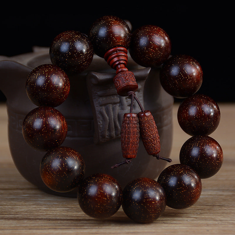Men's & Women's Natural Wood Buddhist Prayer Beads Bracelet - Brown & Black Chinese Style Lucky Charm Rosary with Red Cap & Beads, Smooth Spherical Beads for Meditation, Spiritual Practice, Casual Attire - Durable Natural Wood Material,
