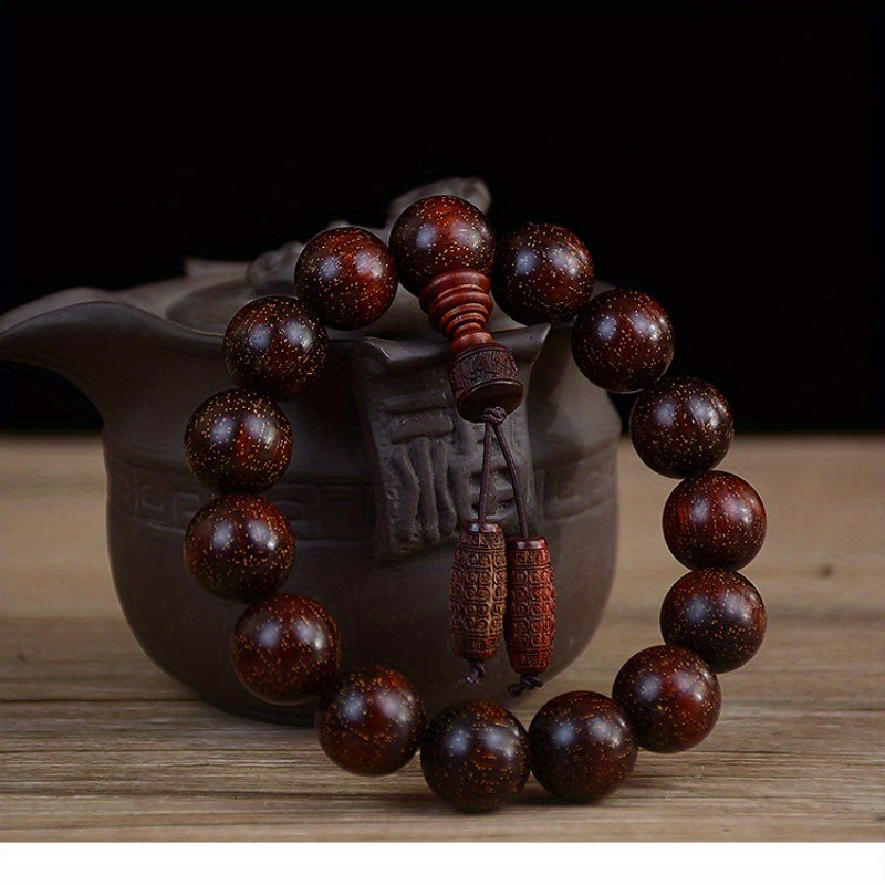 Men's & Women's Natural Wood Buddhist Prayer Beads Bracelet - Brown & Black Chinese Style Lucky Charm Rosary with Red Cap & Beads, Smooth Spherical Beads for Meditation, Spiritual Practice, Casual Attire - Durable Natural Wood Material,