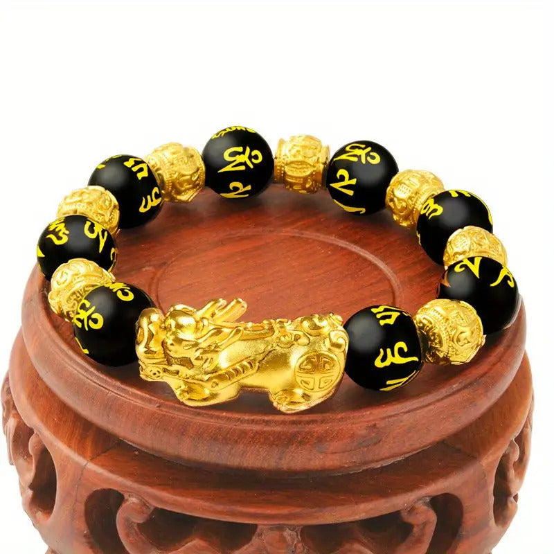 Couple'S Obsidian Bracelets for Men And Women Featuring Golden Pixiu