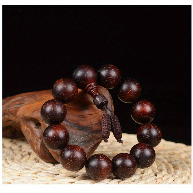 Men's & Women's Natural Wood Buddhist Prayer Beads Bracelet - Brown & Black Chinese Style Lucky Charm Rosary with Red Cap & Beads, Smooth Spherical Beads for Meditation, Spiritual Practice, Casual Attire - Durable Natural Wood Material,