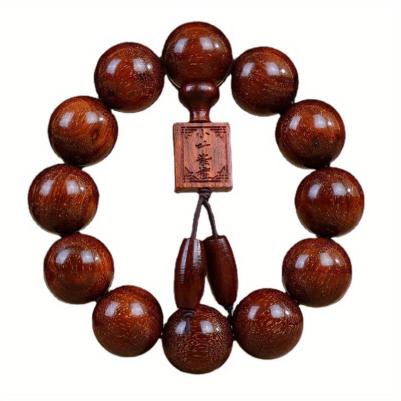 Men's & Women's Natural Wood Buddhist Prayer Beads Bracelet - Brown & Black Chinese Style Lucky Charm Rosary with Red Cap & Beads, Smooth Spherical Beads for Meditation, Spiritual Practice, Casual Attire - Durable Natural Wood Material,