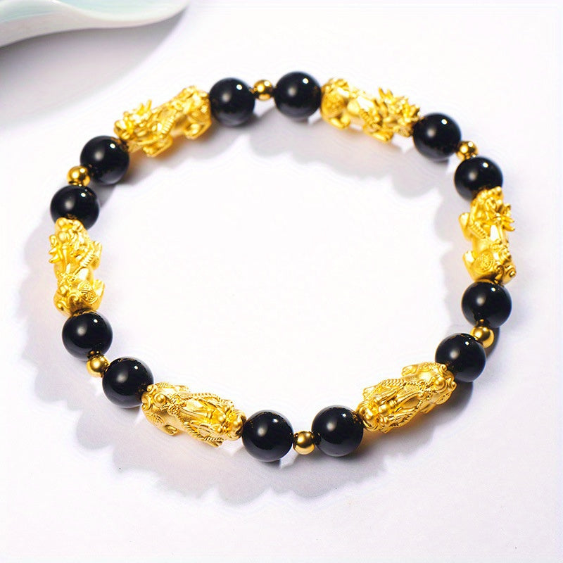 Couple'S Obsidian Bracelets for Men And Women Featuring Golden Pixiu