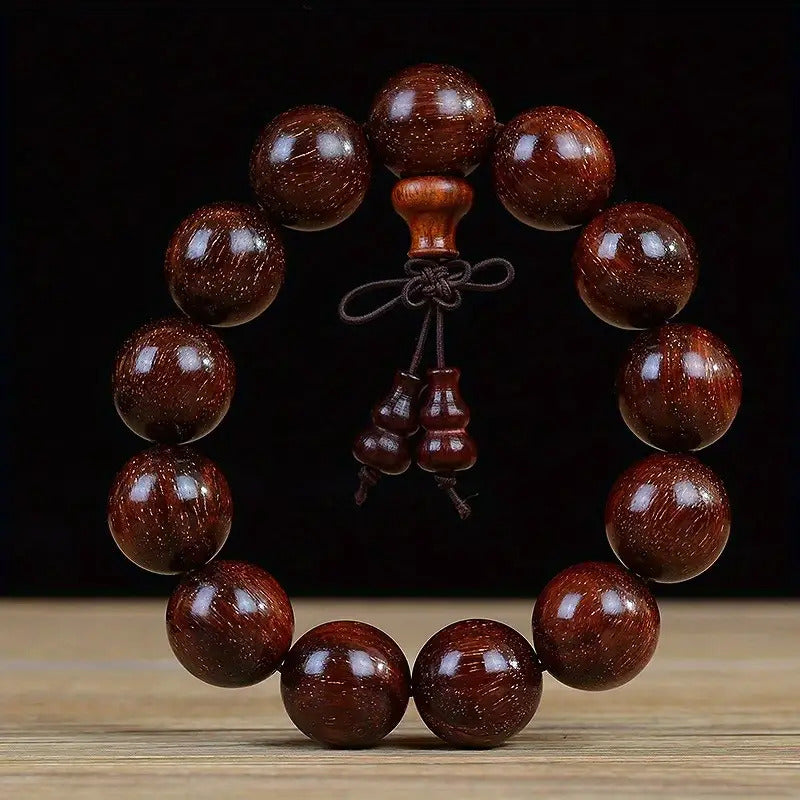 Men's & Women's Natural Wood Buddhist Prayer Beads Bracelet - Brown & Black Chinese Style Lucky Charm Rosary with Red Cap & Beads, Smooth Spherical Beads for Meditation, Spiritual Practice, Casual Attire - Durable Natural Wood Material,