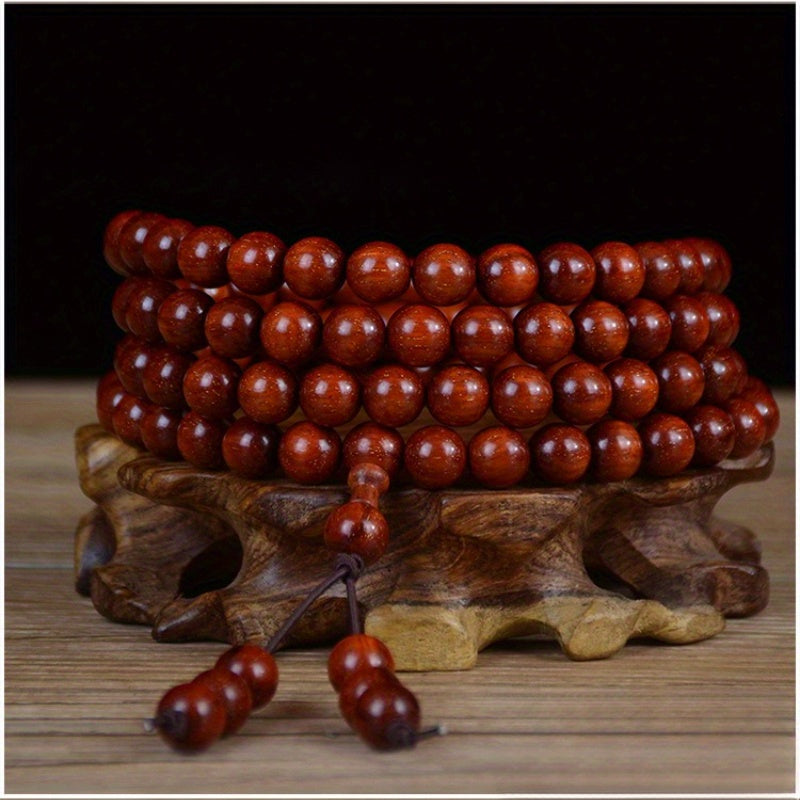 Men's & Women's Natural Wood Buddhist Prayer Beads Bracelet - Brown & Black Chinese Style Lucky Charm Rosary with Red Cap & Beads, Smooth Spherical Beads for Meditation, Spiritual Practice, Casual Attire - Durable Natural Wood Material,