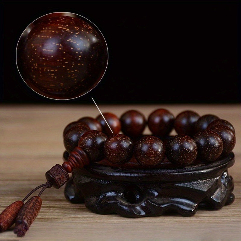 Men's & Women's Natural Wood Buddhist Prayer Beads Bracelet - Brown & Black Chinese Style Lucky Charm Rosary with Red Cap & Beads, Smooth Spherical Beads for Meditation, Spiritual Practice, Casual Attire - Durable Natural Wood Material,