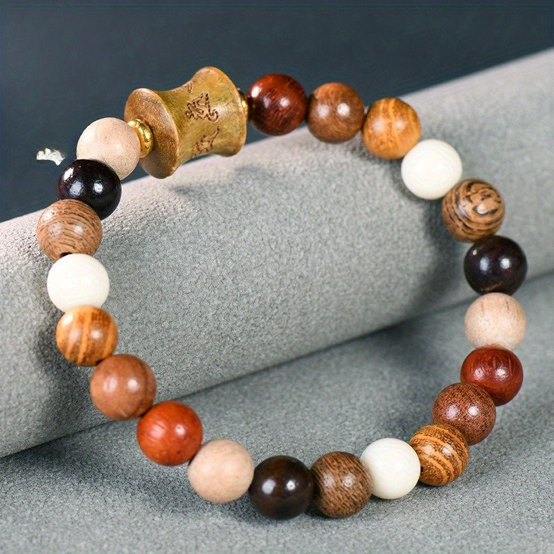 Men's & Women's Natural Wood Buddhist Mala Bead Bracelet - Smooth Spherical Zen Meditation Jewelry with Clear Beads & Intricate Wood Grain Patterns, Luck Charm, Spiritual Protection