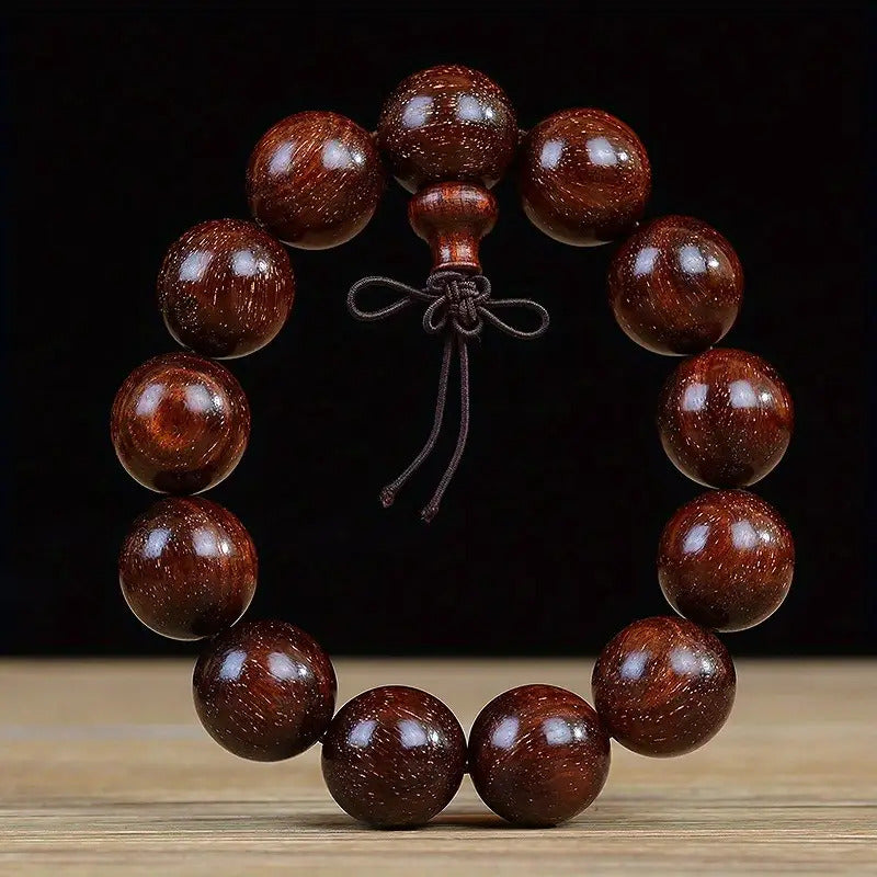 Men's & Women's Natural Wood Buddhist Prayer Beads Bracelet - Brown & Black Chinese Style Lucky Charm Rosary with Red Cap & Beads, Smooth Spherical Beads for Meditation, Spiritual Practice, Casual Attire - Durable Natural Wood Material,